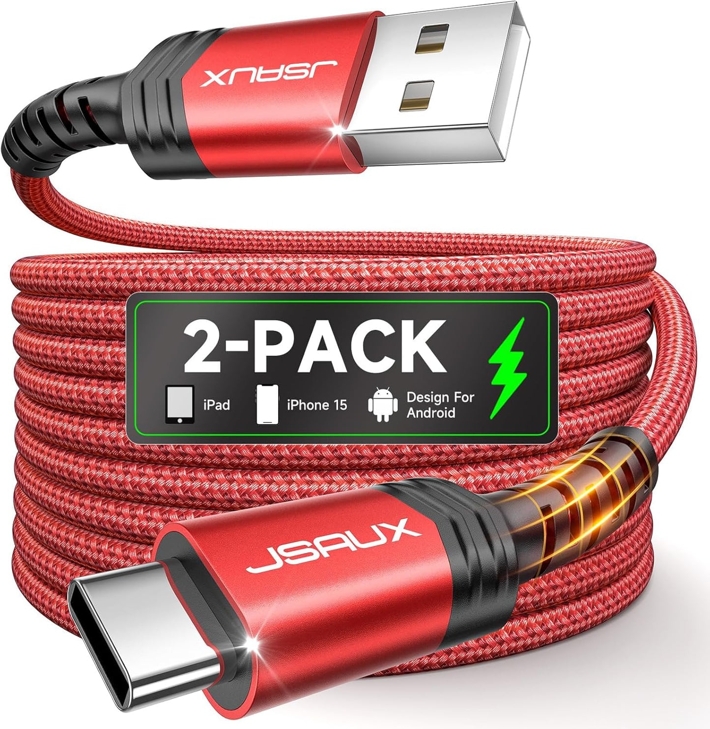 JSAUX USB-C Cable 2-Pack 6.6 ft – USB-A to USB-C, 3.1A Fast Charging, Compatible with iPhone 16/15 Series, Samsung S20/S10/S9, Note 20/10, CarPlay