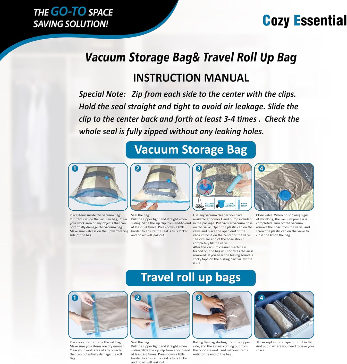 20 Pack Vacuum Storage Bags with Hand Pump – Space Saver Compression Bags (Jumbo, Large, Medium, Small, Roll) for Clothes, Blankets & Bedding