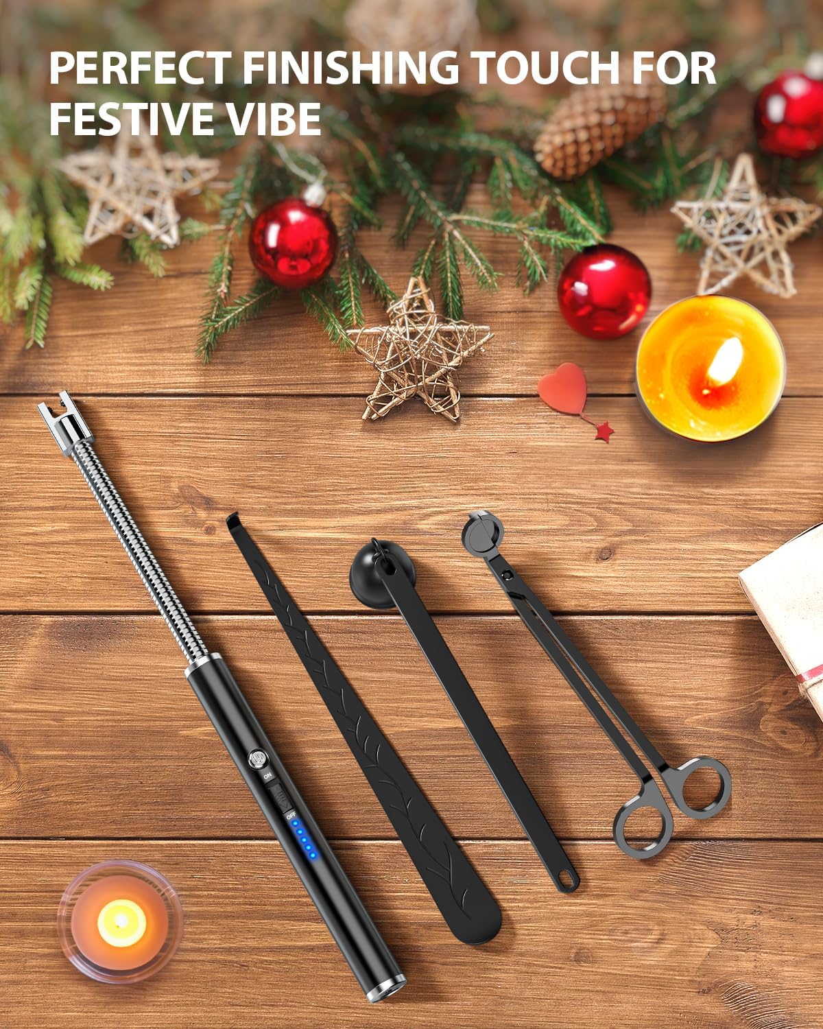 Candle Lighter, Electric Arc Lighter with LED Battery Display, Rechargeable Type-C Flameless Long Lighter for Candles, BBQ, Camping, Fireplace (Black)