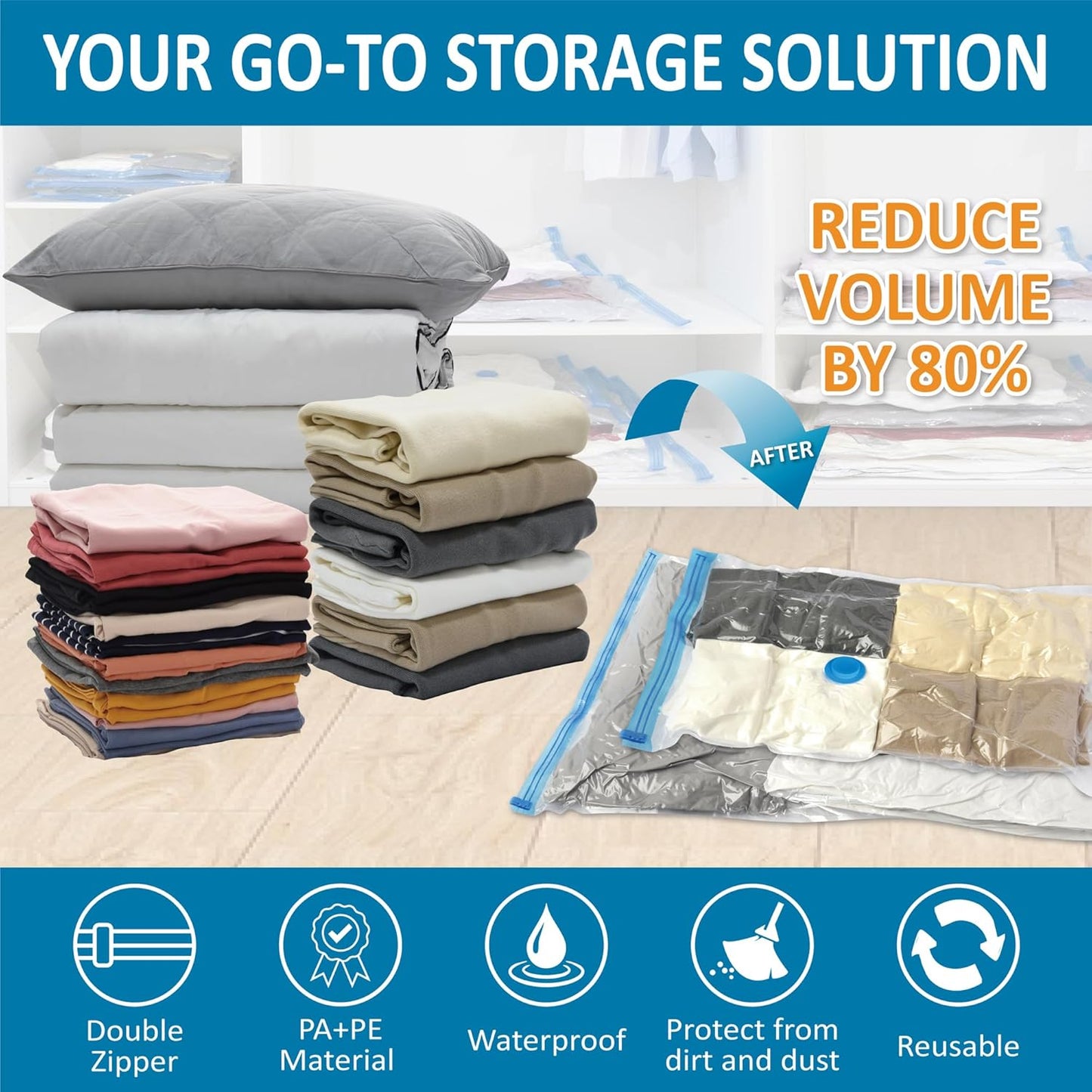 20 Pack Vacuum Storage Bags with Hand Pump – Space Saver Compression Bags (Jumbo, Large, Medium, Small, Roll) for Clothes, Blankets & Bedding