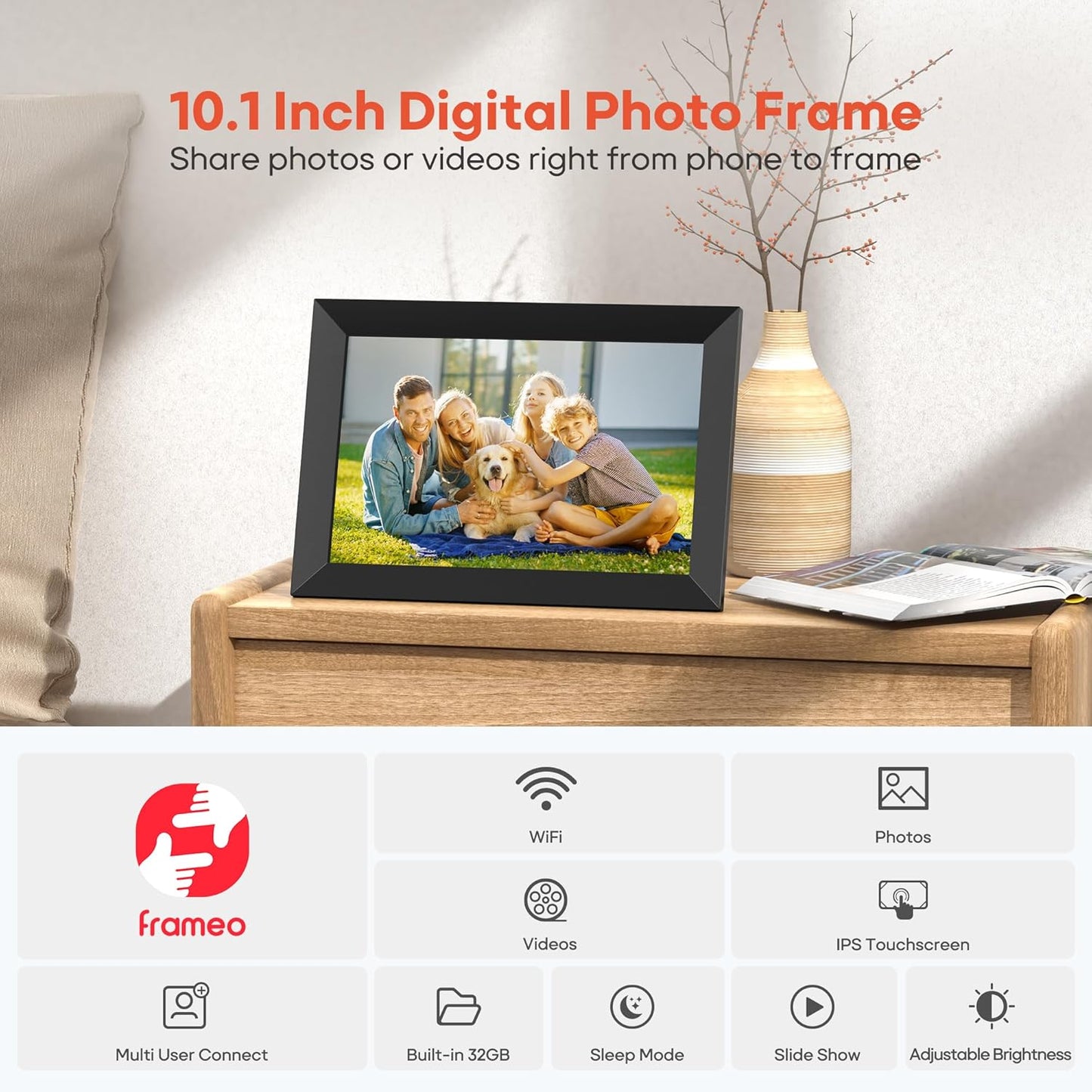 Frameo 10.1" WiFi Digital Photo Frame – HD IPS Touch Screen, 32GB Storage