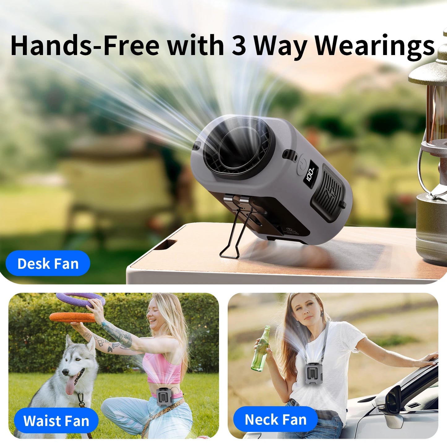 Outdoor Portable Waist Fan with LED Light – Hanging Neck & Clip Fan – 4 Speeds, Strong Airflow, Rechargeable Power Bank – Travel, Sports & Outdoor Cooling