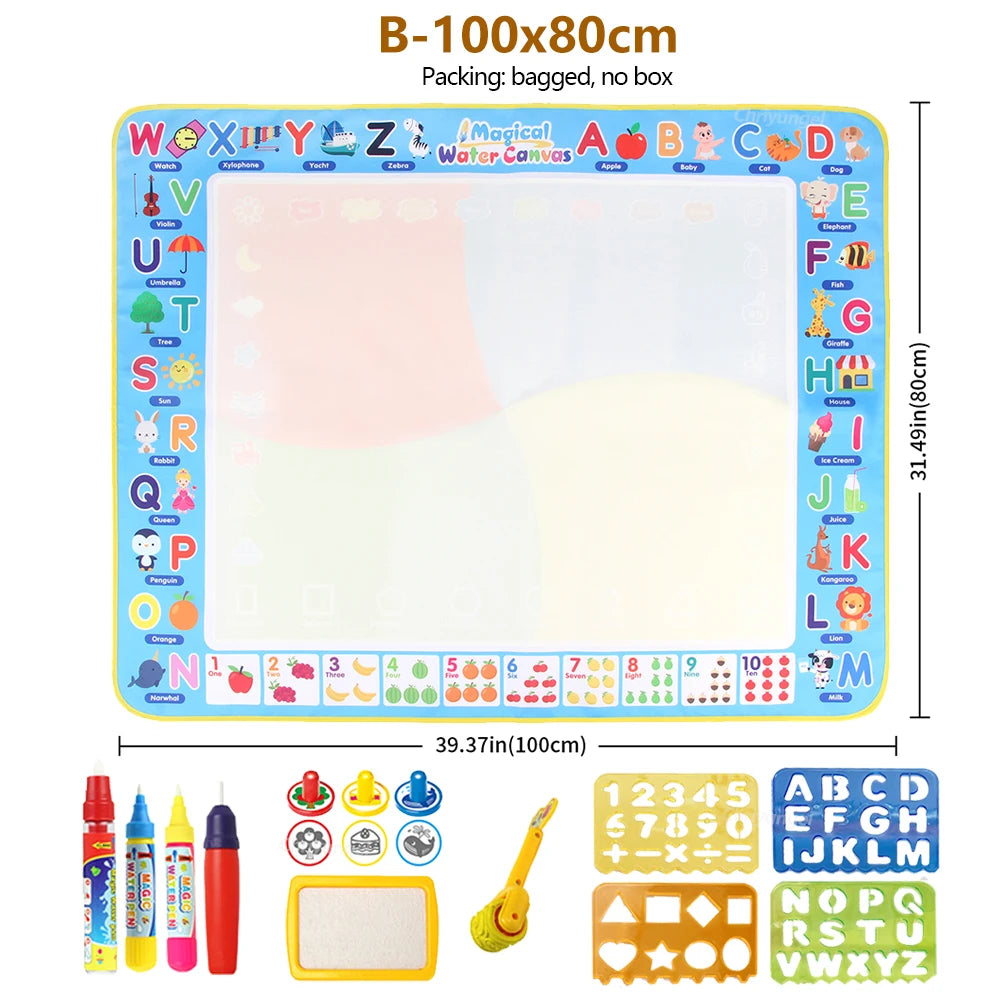 Magic Water Drawing Mat with Reusable Pens 100×80cm – Montessori Educational Doodle Painting Board for Kids – Mess-Free, Reusable & Foldable