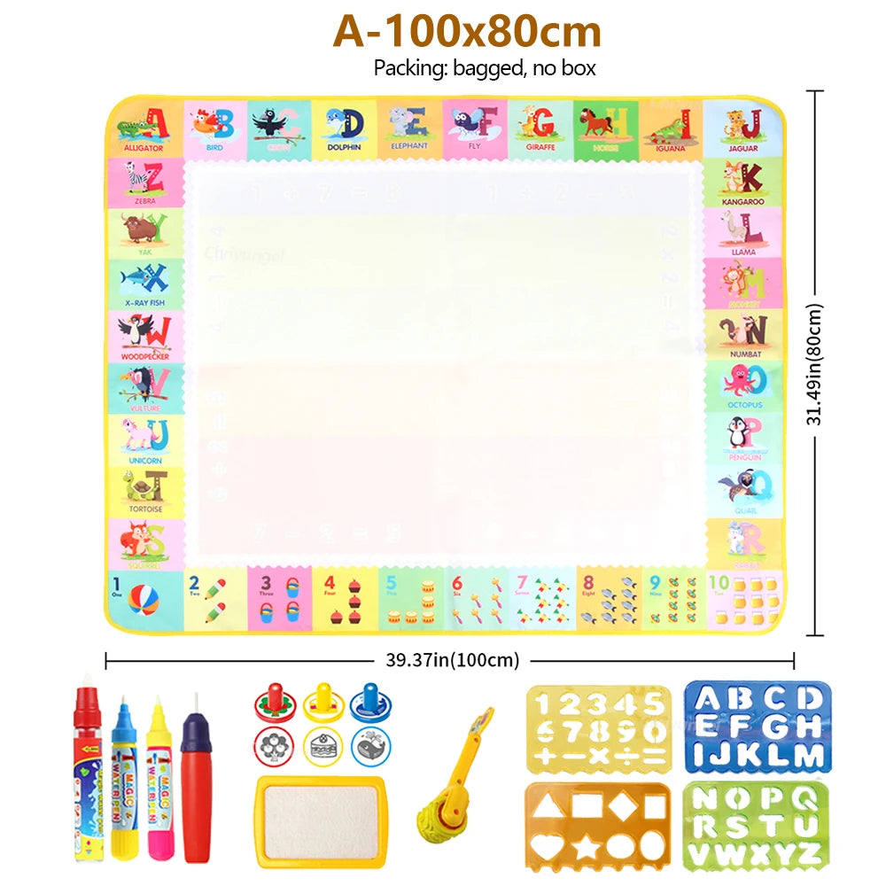 Magic Water Drawing Mat with Reusable Pens 100×80cm – Montessori Educational Doodle Painting Board for Kids – Mess-Free, Reusable & Foldable
