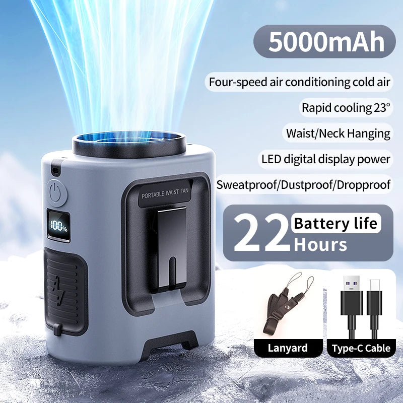 Outdoor Portable Waist Fan with LED Light – Hanging Neck & Clip Fan – 4 Speeds, Strong Airflow, Rechargeable Power Bank – Travel, Sports & Outdoor Cooling