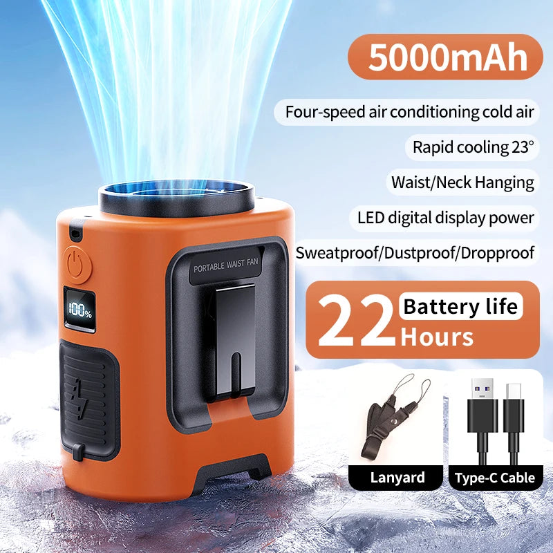 Outdoor Portable Waist Fan with LED Light – Hanging Neck & Clip Fan – 4 Speeds, Strong Airflow, Rechargeable Power Bank – Travel, Sports & Outdoor Cooling