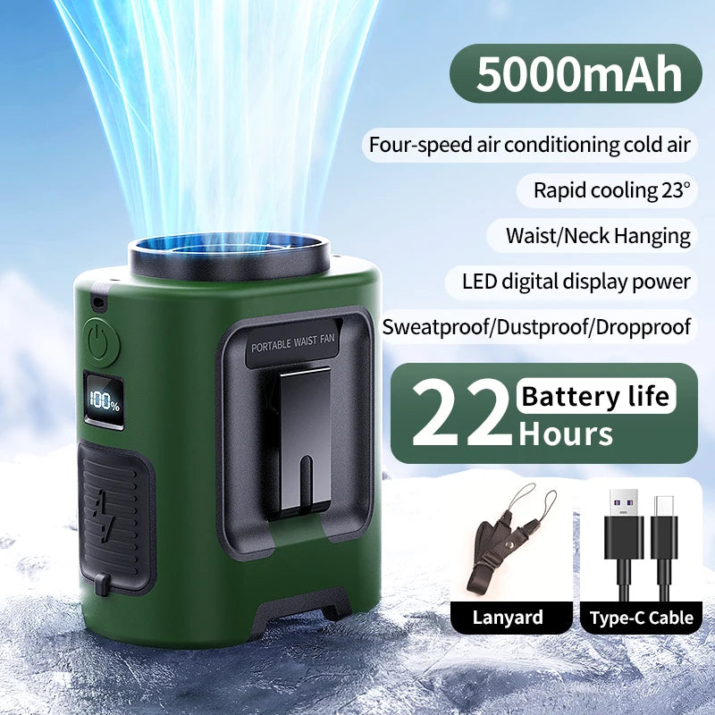 Outdoor Portable Waist Fan with LED Light – Hanging Neck & Clip Fan – 4 Speeds, Strong Airflow, Rechargeable Power Bank – Travel, Sports & Outdoor Cooling