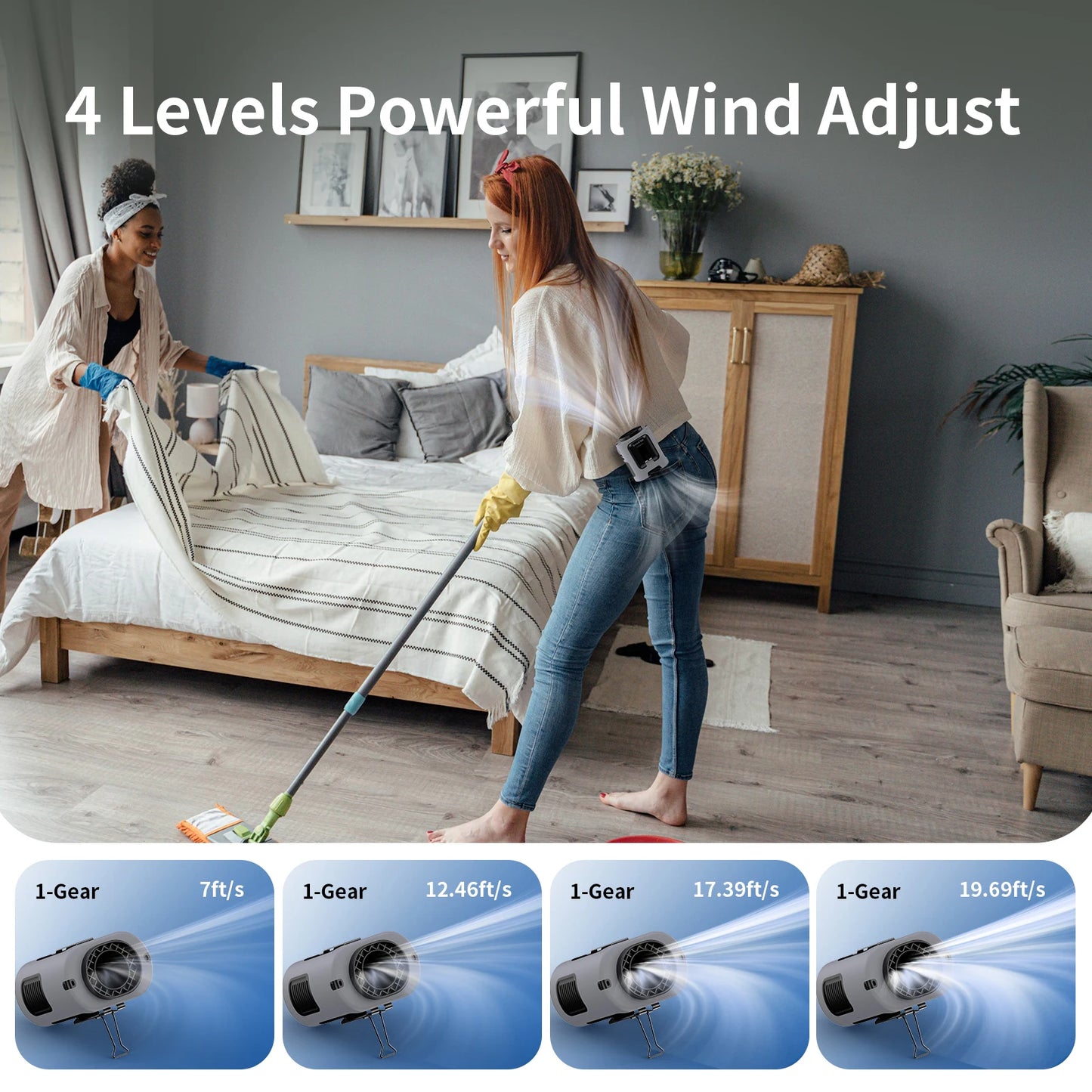 Outdoor Portable Waist Fan with LED Light – Hanging Neck & Clip Fan – 4 Speeds, Strong Airflow, Rechargeable Power Bank – Travel, Sports & Outdoor Cooling