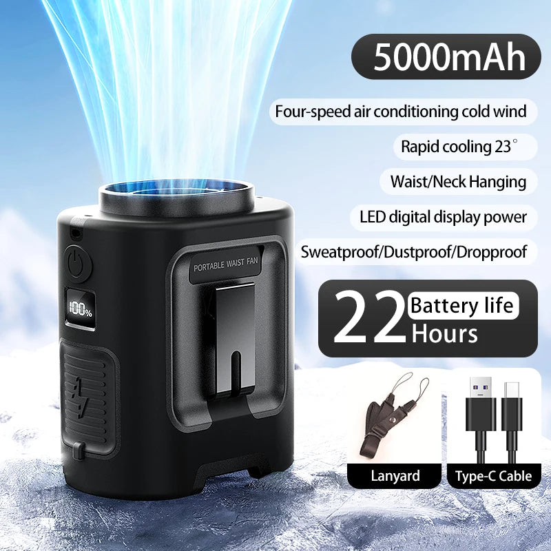 Outdoor Portable Waist Fan with LED Light – Hanging Neck & Clip Fan – 4 Speeds, Strong Airflow, Rechargeable Power Bank – Travel, Sports & Outdoor Cooling