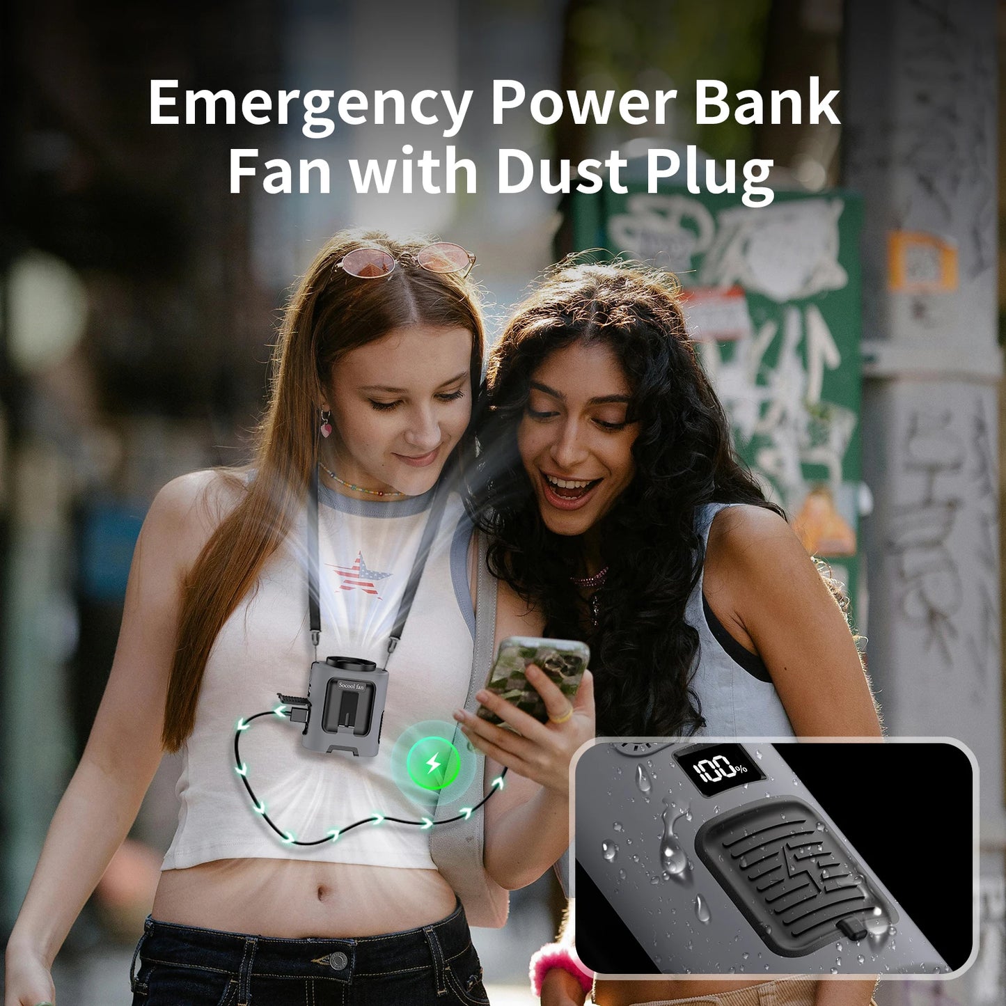 Outdoor Portable Waist Fan with LED Light – Hanging Neck & Clip Fan – 4 Speeds, Strong Airflow, Rechargeable Power Bank – Travel, Sports & Outdoor Cooling