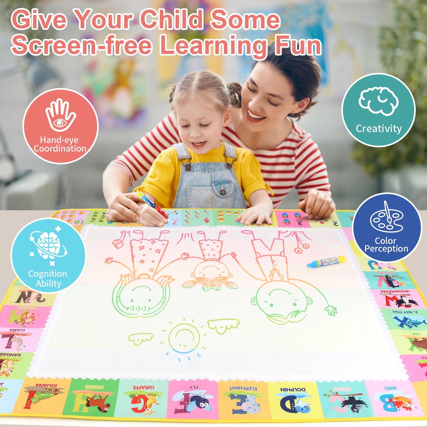 Magic Water Drawing Mat with Reusable Pens 100×80cm – Montessori Educational Doodle Painting Board for Kids – Mess-Free, Reusable & Foldable