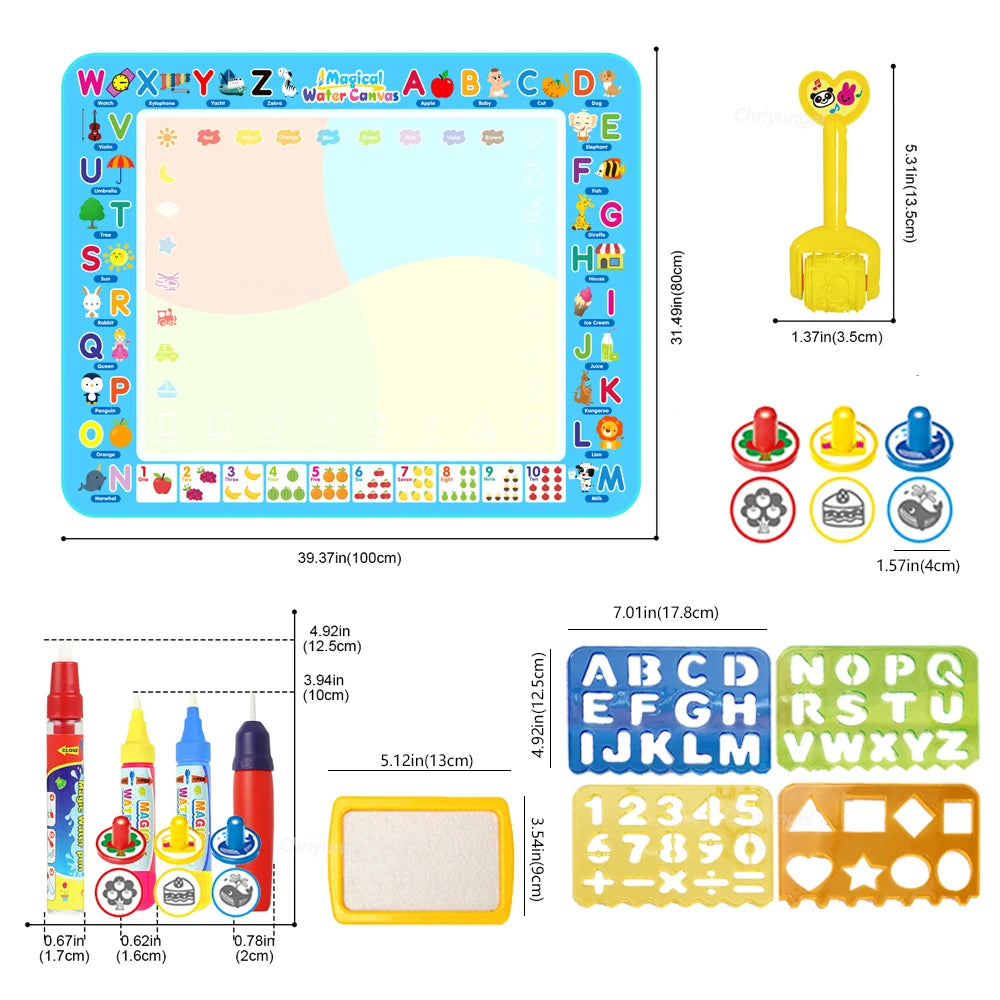 Magic Water Drawing Mat with Reusable Pens 100×80cm – Montessori Educational Doodle Painting Board for Kids – Mess-Free, Reusable & Foldable
