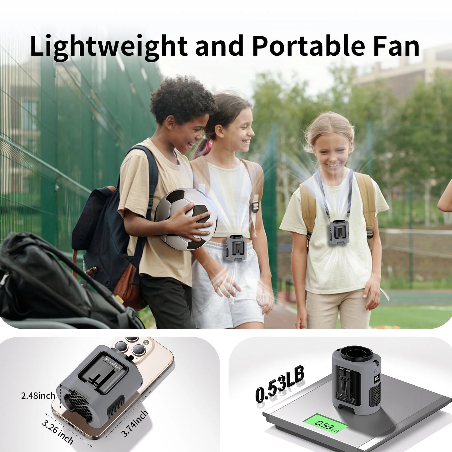 Outdoor Portable Waist Fan with LED Light – Hanging Neck & Clip Fan – 4 Speeds, Strong Airflow, Rechargeable Power Bank – Travel, Sports & Outdoor Cooling
