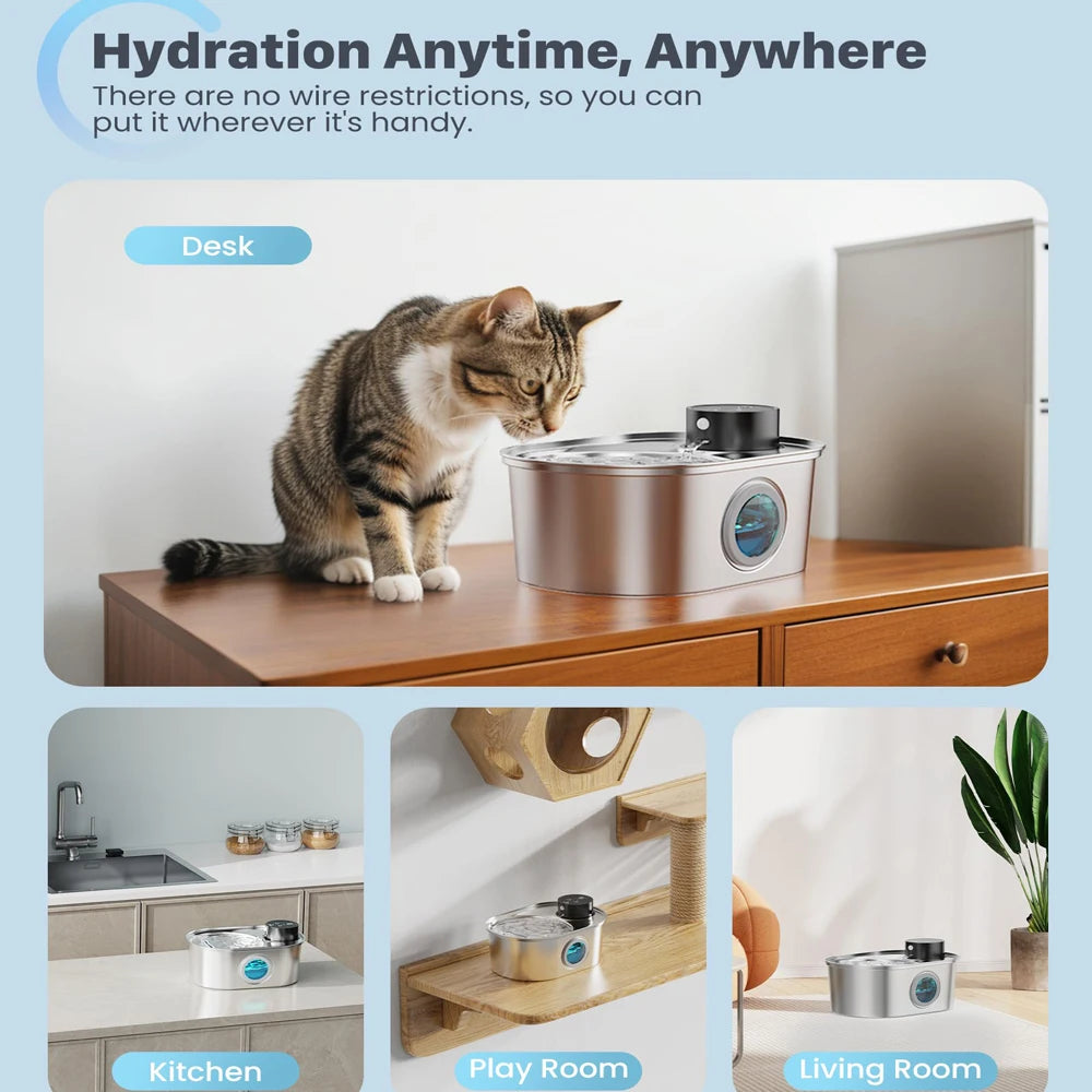 108Oz / 3.2L Stainless Steel Wireless Cat & Dog Water Fountain – Rechargeable Automatic Pet Drinker with Motion Sensor Bowl