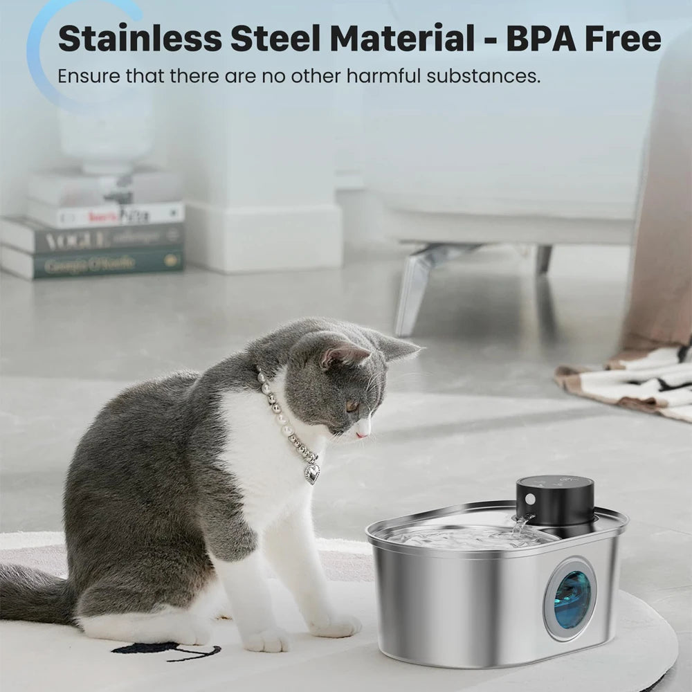 108Oz / 3.2L Stainless Steel Wireless Cat & Dog Water Fountain – Rechargeable Automatic Pet Drinker with Motion Sensor Bowl