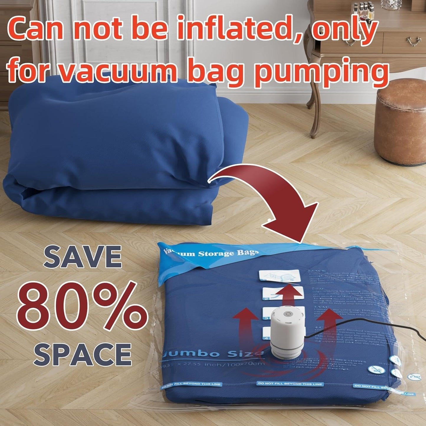 24 Pack Vacuum Storage Bags with Electric Pump – Jumbo, Large, Medium, Small & Roll-Up Compression Bags for Clothes, Blankets, Pillows & Travel