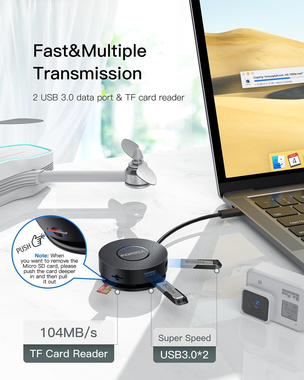 FORIDA Mini USB-C Docking Station 7-in-1 – Dual HDMI, Gigabit Ethernet, 100W PD, USB 3.0, Micro SD Reader – MacBook, Dell, HP, Lenovo, Surface