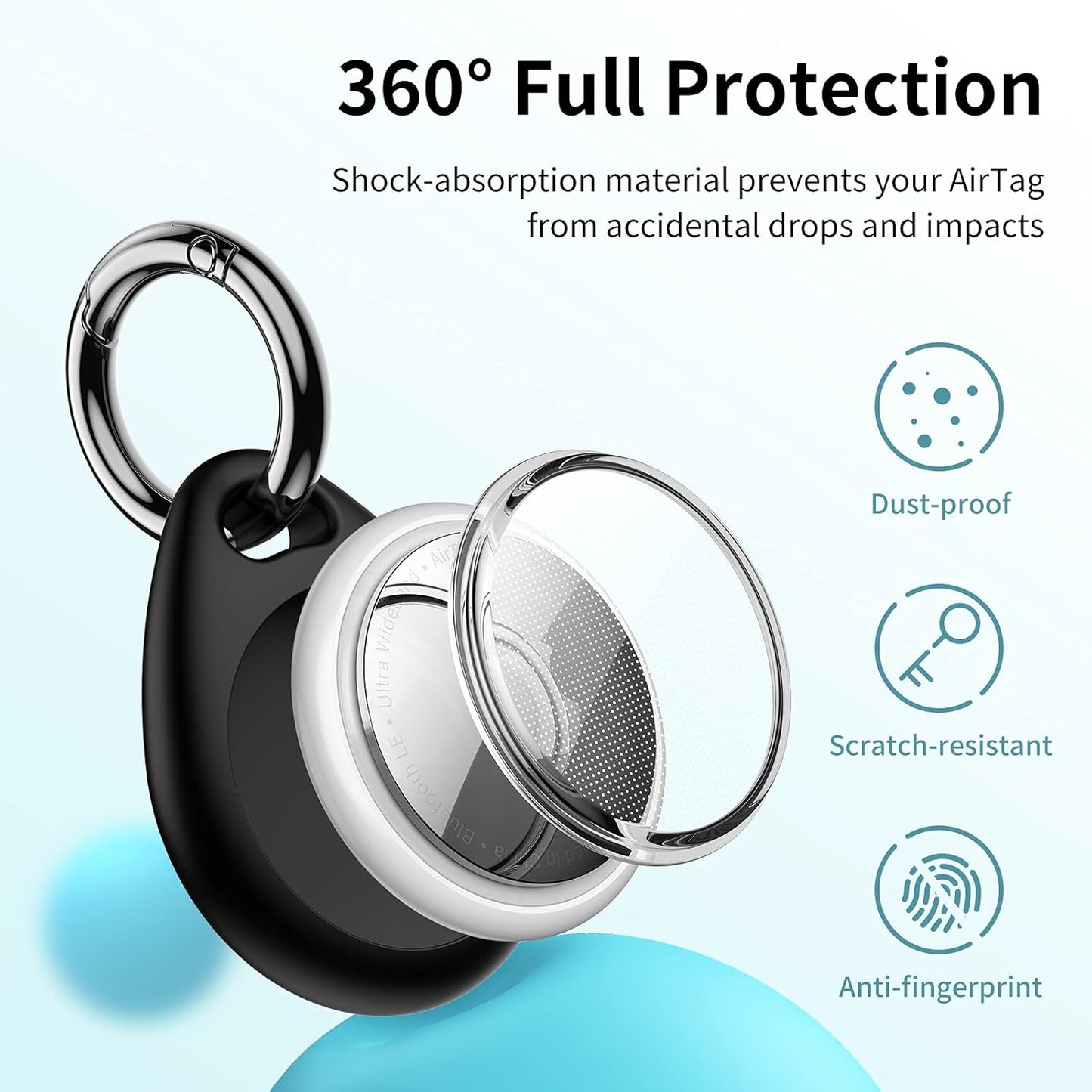 360° Protective Case for AirTag – 4-Pack TPU Scratch-Resistant Keychain Holder for Keys, Bags, Luggage & Pet Collars (Black & Blue)