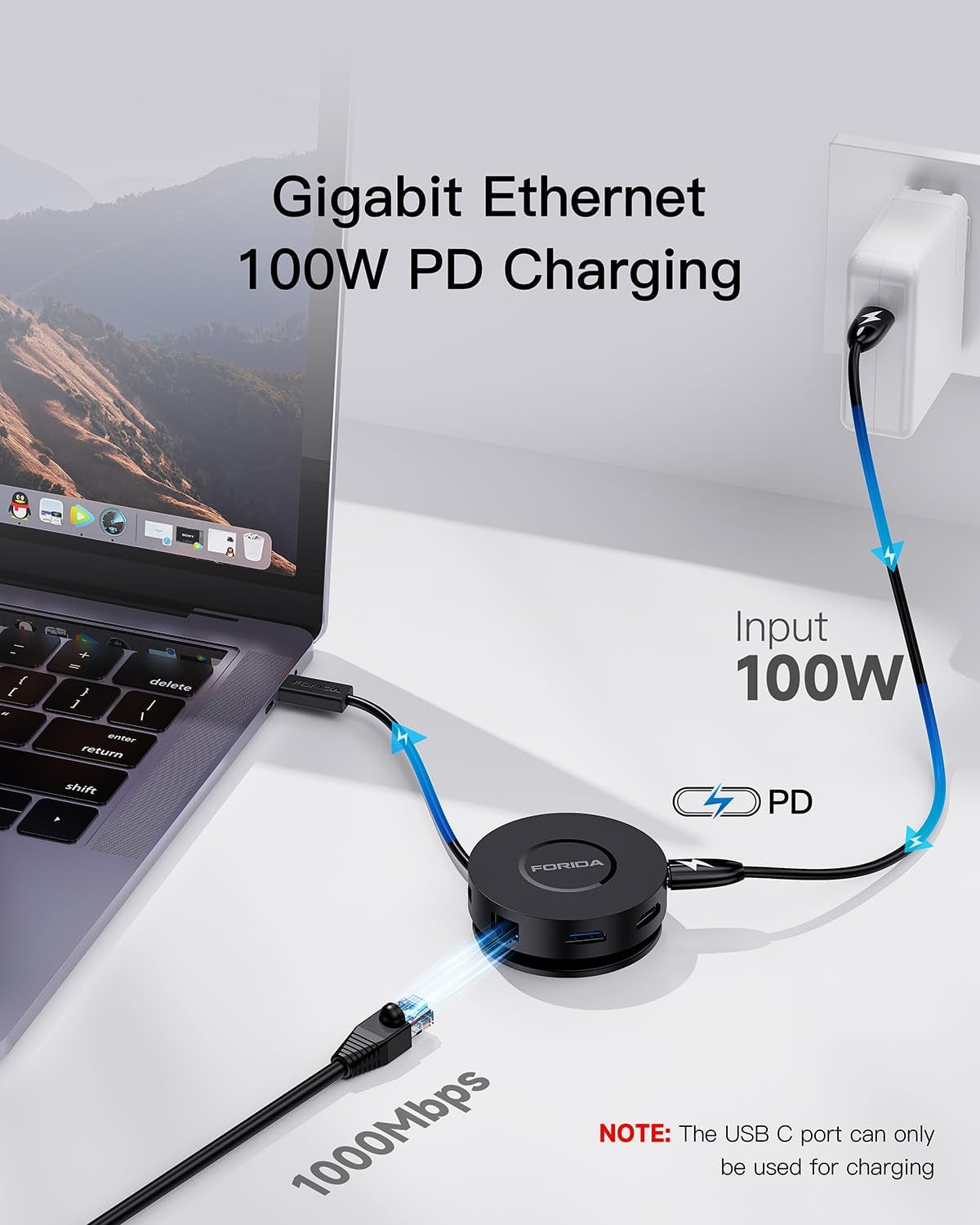FORIDA Mini USB-C Docking Station 7-in-1 – Dual HDMI, Gigabit Ethernet, 100W PD, USB 3.0, Micro SD Reader – MacBook, Dell, HP, Lenovo, Surface