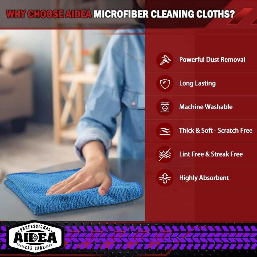 AIDEA Microfiber Cleaning Cloths – 50-Pack 12×12" Premium Towels for Cars, Home, Kitchen, Windows & Dusting