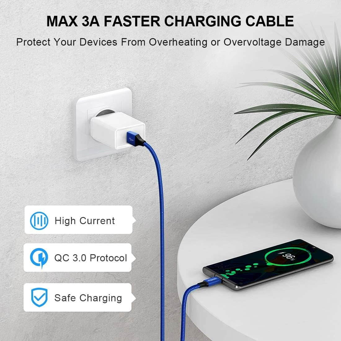 etguuds 6.6 ft USB-A to USB-C Cable (2-Pack) – 3A Fast Charging, Nylon Braided, Compatible with iPhone 16/15, Samsung Galaxy S25–S23, Pixel, Moto