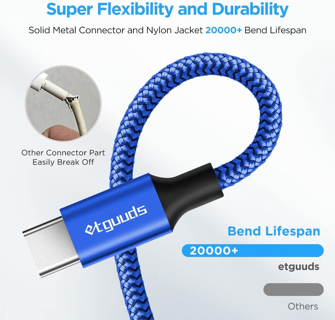 etguuds 6.6 ft USB-A to USB-C Cable (2-Pack) – 3A Fast Charging, Nylon Braided, Compatible with iPhone 16/15, Samsung Galaxy S25–S23, Pixel, Moto