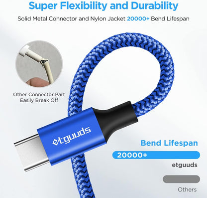etguuds 6.6 ft USB-A to USB-C Cable (2-Pack) – 3A Fast Charging, Nylon Braided, Compatible with iPhone 16/15, Samsung Galaxy S25–S23, Pixel, Moto