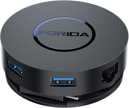 FORIDA Mini USB-C Docking Station 7-in-1 – Dual HDMI, Gigabit Ethernet, 100W PD, USB 3.0, Micro SD Reader – MacBook, Dell, HP, Lenovo, Surface