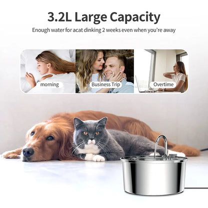 Stainless Steel Pet Water Fountain – Automatic USB Electric Silent Drinking Bowl with Filter System, 3L / 108Oz Capacity for Cats & Dogs