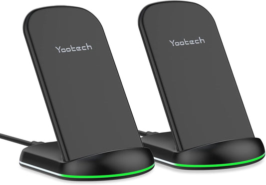 Yootech [2 Pack] 10W Max Wireless Charger Stand – Dual-Coil Qi-Certified Fast Charging Dock for iPhone 16/15/14/13/12/SE, Samsung Galaxy S22/S21/S20/S10, Pixel & Qi-Enabled Devices (No AC Adapter)