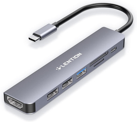 LENTION USB C Hub 7-in-1 with 100W Charging, 4K HDMI, Dual Card Reader, USB 3.0 & 2.0 – Stable Driver Adapter for MacBook Pro, MacBook Air, Surface, Chromebook & More (CB-CE18, Space Gray)