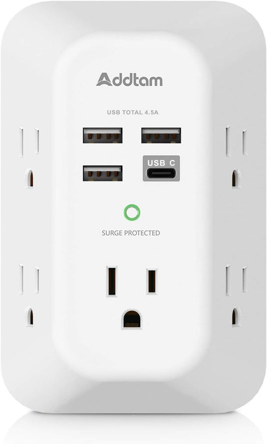 Addtam USB Wall Charger & Surge Protector – 5 Outlets with 4 USB Ports (1 USB-C), 3-Sided 1800J Power Strip for Home & Office