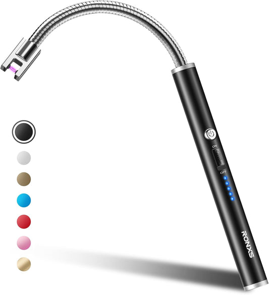 Candle Lighter, Electric Arc Lighter with LED Battery Display, Rechargeable Type-C Flameless Long Lighter for Candles, BBQ, Camping, Fireplace (Black)