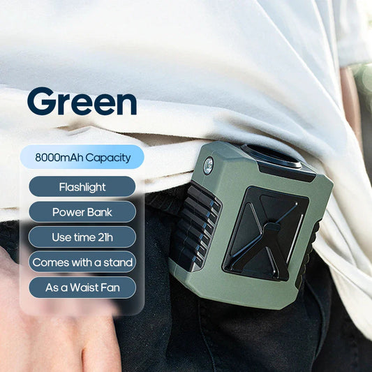20000mAh Portable Waist Fan – Hanging Neck & Clip Fan with 10 Speeds, LED Light & Power Bank for Outdoor Sports