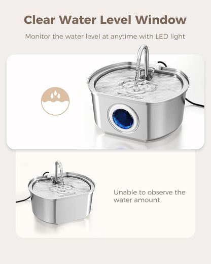 Cat Water Fountain Stainless Steel – 108 oz/3.2 L Automatic Pet Water Dispenser with Quadruple Filtration, Water Level Window & Quiet Pump