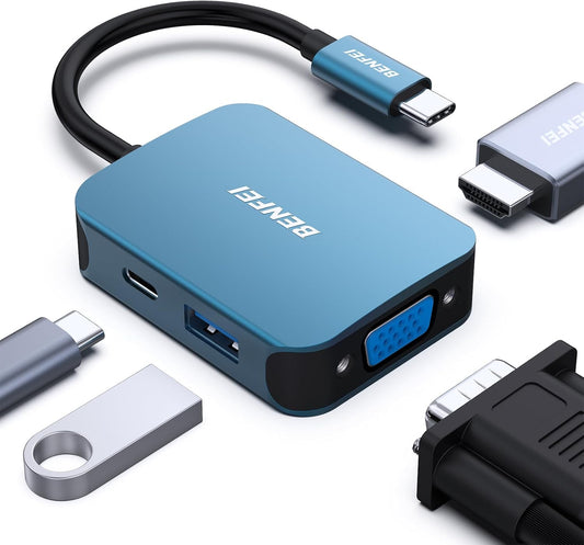 BENFEI USB-C Hub 4-in-1 – HDMI & VGA Dual Display, USB 3.0, 60W PD – Compatible with MacBook, iPhone 15, Dell, HP, Lenovo, Samsung