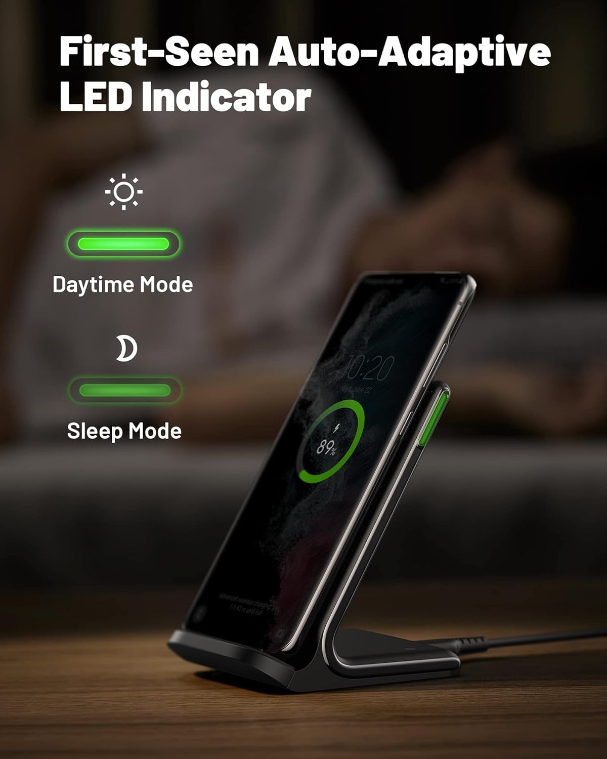 INIU 15W Fast Wireless Charger Stand – Qi-Certified, Sleep-Friendly Light, TempGuard, Dual-Coil, Compatible with iPhone, Samsung Galaxy, Pixel & More