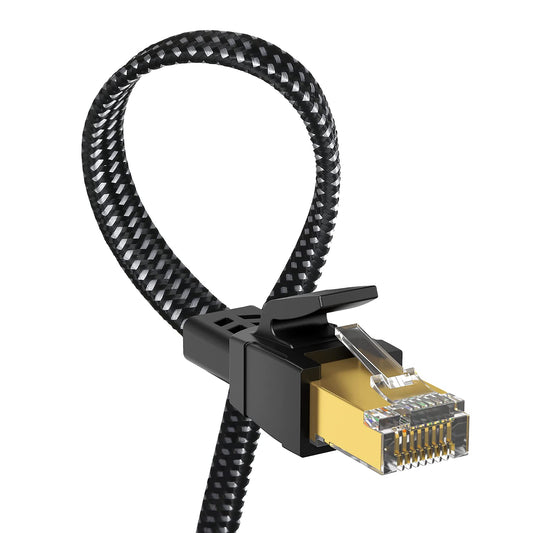 Orbram Cat 8 Ethernet Cable 50ft – Nylon Braided, High Speed 40Gbps 2000MHz Flat LAN Cable, S/FTP Shielded RJ45 Patch Cord for Modem, Router, Gaming, PC, Indoor & Outdoor