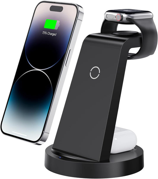 3-in-1 Wireless Charging Station – Fast Charger Dock for iPhone, Apple Watch & AirPods (Adapter Included)