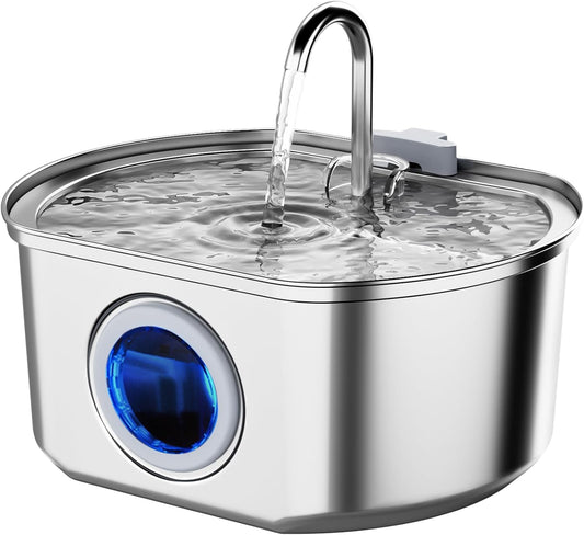Cat Water Fountain Stainless Steel – 108 oz/3.2 L Automatic Pet Water Dispenser with Quadruple Filtration, Water Level Window & Quiet Pump