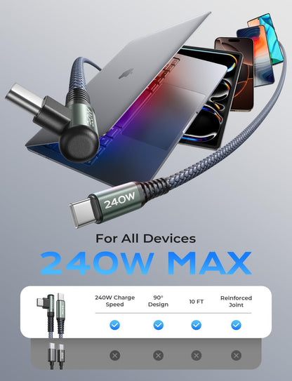 AINOPE USB-C to USB-C Cable 10ft | 240W Fast Charging | Right Angle Cord - Home Pulse