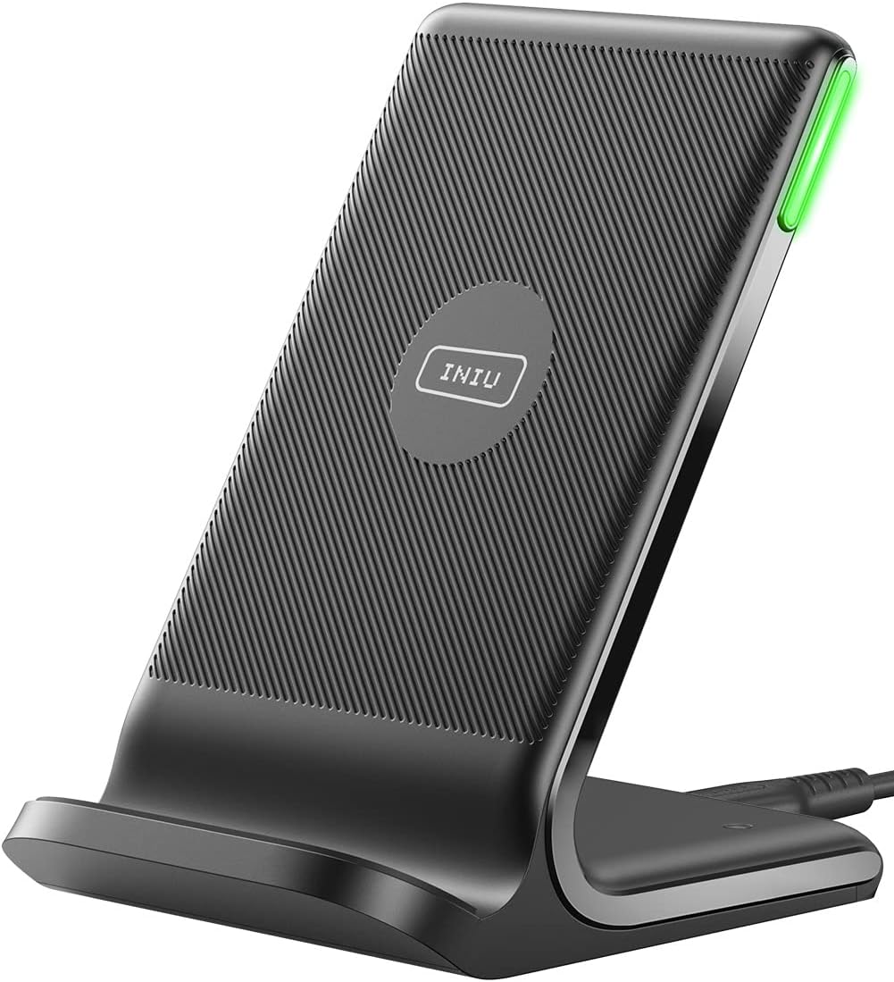 INIU 15W Fast Wireless Charger Stand – Qi-Certified, Sleep-Friendly Light, TempGuard, Dual-Coil, Compatible with iPhone, Samsung Galaxy, Pixel & More