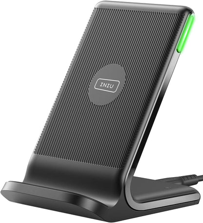 INIU 15W Fast Wireless Charger Stand – Qi-Certified, Sleep-Friendly Light, TempGuard, Dual-Coil, Compatible with iPhone, Samsung Galaxy, Pixel & More
