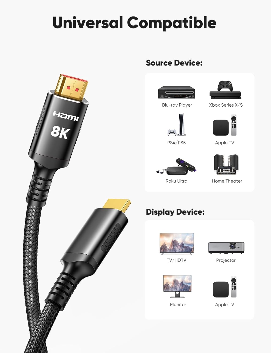 Snowkids 8K Certified HDMI 2.1 Cable (10ft) – 48Gbps Ultra High-Speed HDMI Cord – 8K@60Hz / 4K@120Hz – Compatible with TV, Laptop, Monitor, PS5, Xbox, Projector, Entertainment & Sound Systems