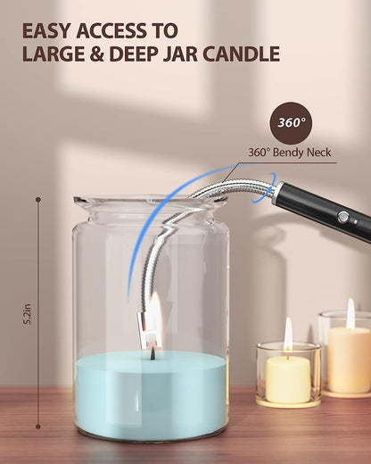 Candle Lighter, Electric Arc Lighter with LED Battery Display, Rechargeable Type-C Flameless Long Lighter for Candles, BBQ, Camping, Fireplace (Black)