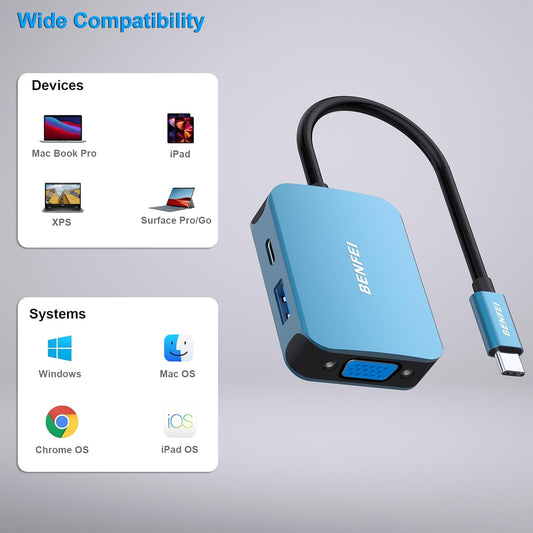 BENFEI USB-C Hub 4-in-1 | HDMI & VGA Dual Display | USB 3.0, 60W PD - Home Pulse