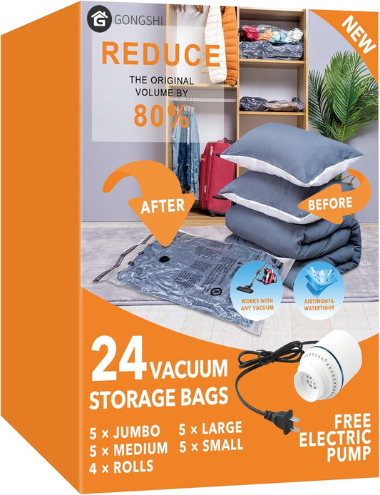 24 Pack Vacuum Storage Bags with Electric Pump – Jumbo, Large, Medium, Small & Roll-Up Compression Bags for Clothes, Blankets, Pillows & Travel