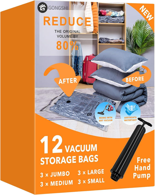 12 Pack Vacuum Storage Bags with Hand Pump – Jumbo, Large, Medium & Small Compression Space Saver Bags for Clothes, Blankets & Bedding