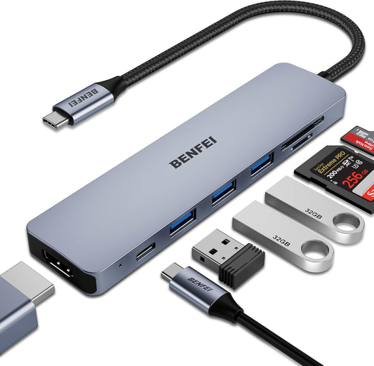 BENFEI USB-C Hub 7-in-1 – 4K HDMI, 100W PD, 3× USB 3.0, SD/TF Card Reader – Compatible with MacBook, iPhone 15, iPad Pro, Dell, Surface, Samsung