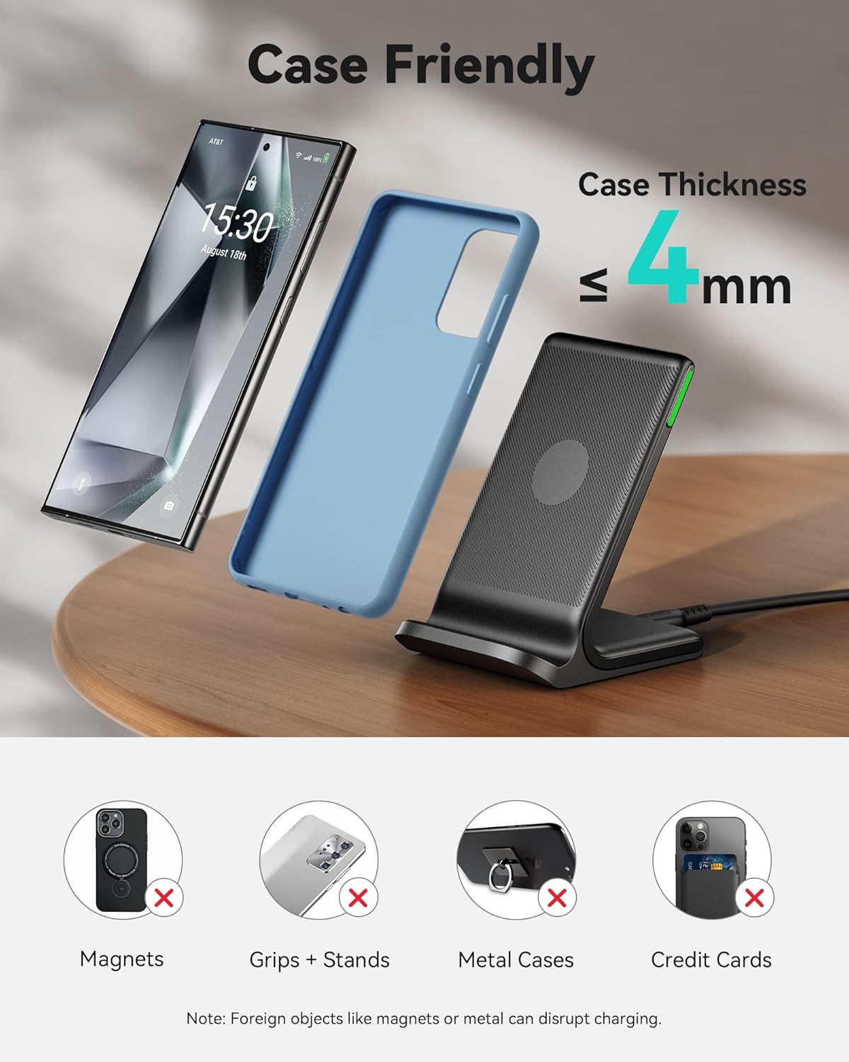 INIU 15W Fast Wireless Charger Stand – Qi-Certified, Sleep-Friendly Light, TempGuard, Dual-Coil, Compatible with iPhone, Samsung Galaxy, Pixel & More